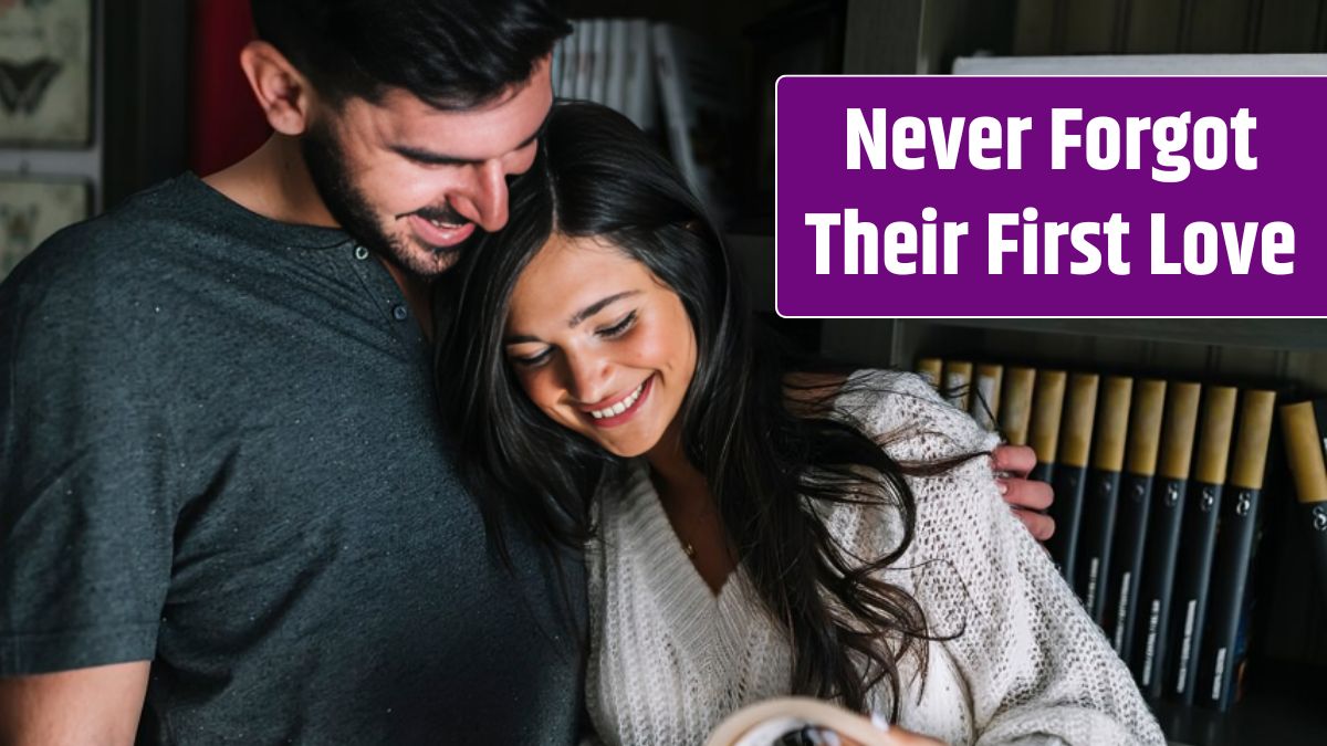 Man embracing her girlfriend looking in book.